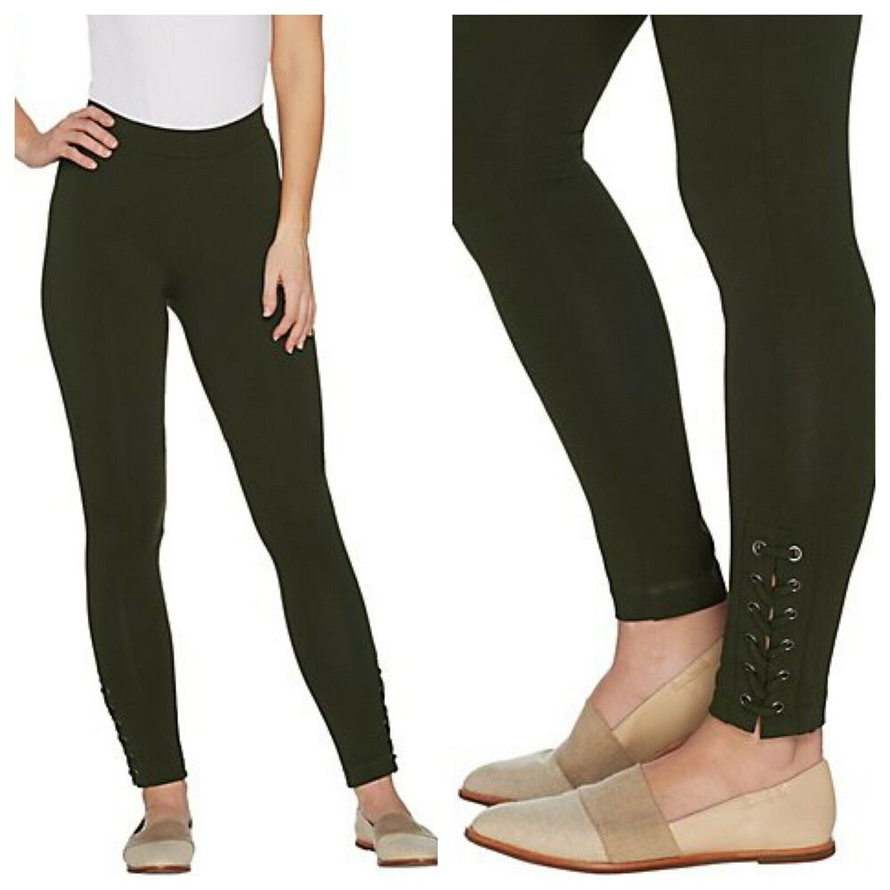 Susan Graver Womens Legging XXS Loden Green Ankle Lacing Premium Stretch NWOT